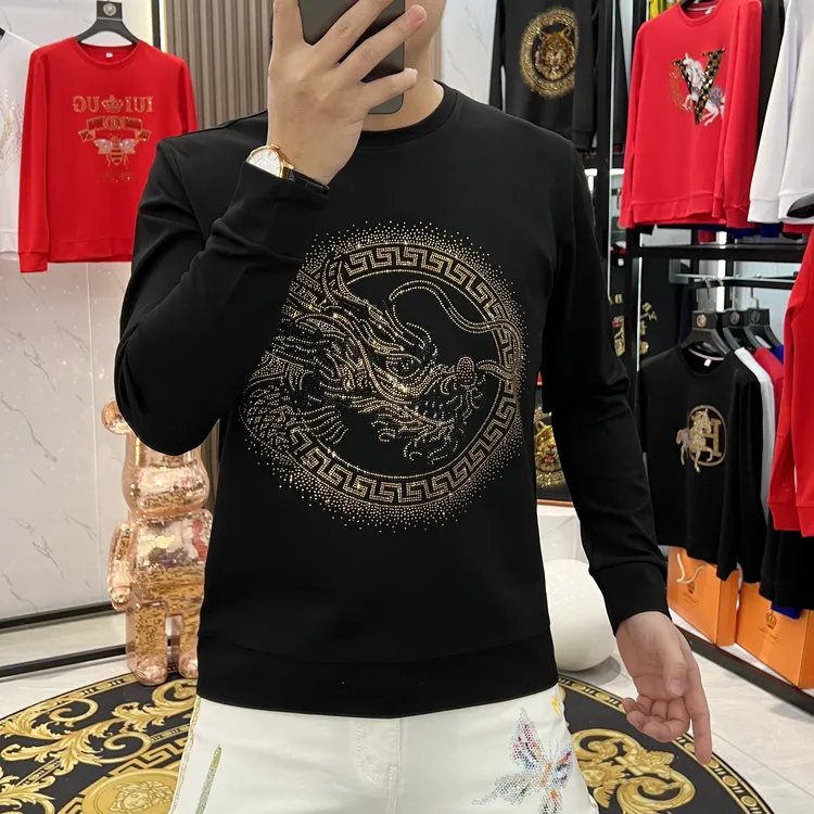 秋冬新款男士长袖卫衣时尚潮流龙图案烫钻休闲百搭修身圆领上衣