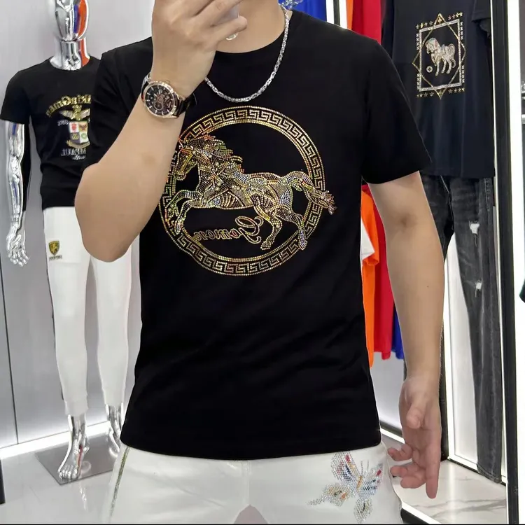 2025夏季新款男士潮流修身轻奢时尚休闲百搭马到成功男装圆领半袖