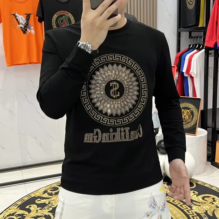 秋冬新款男士时尚重工烫钻长袖卫衣休闲修身百搭圆领男装打底上衣