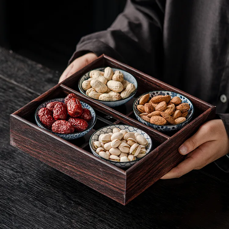 围炉煮茶托盘水果零食茶室青花陶瓷干果盘点心盘四宫格木质泡茶盘