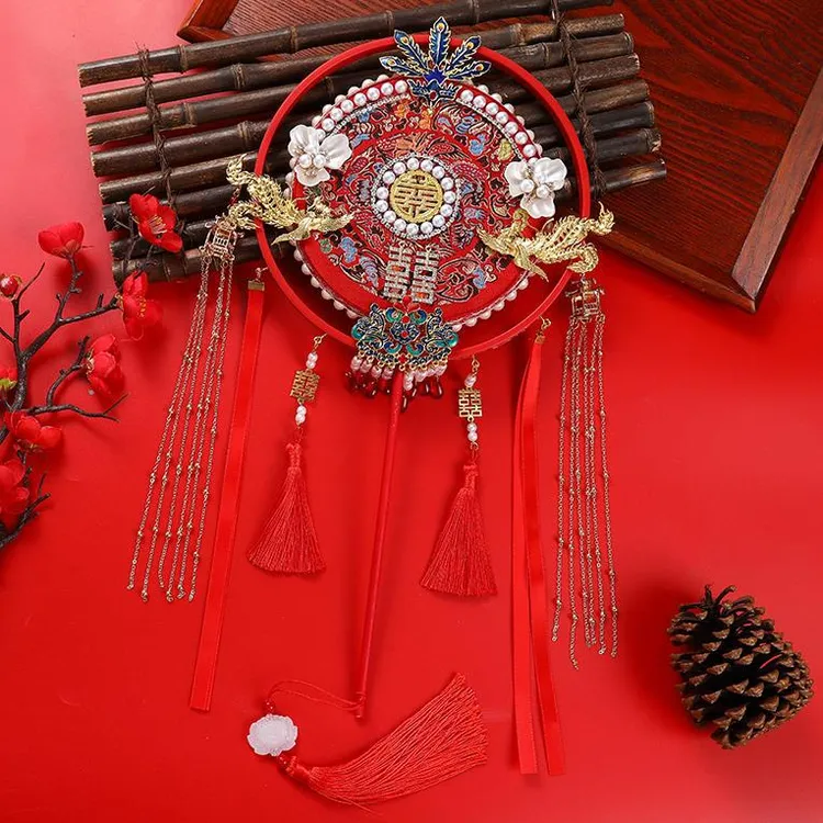 长柄双面喜扇明制汉服婚礼diy团扇新娘闺蜜礼物结婚高档中式扇子