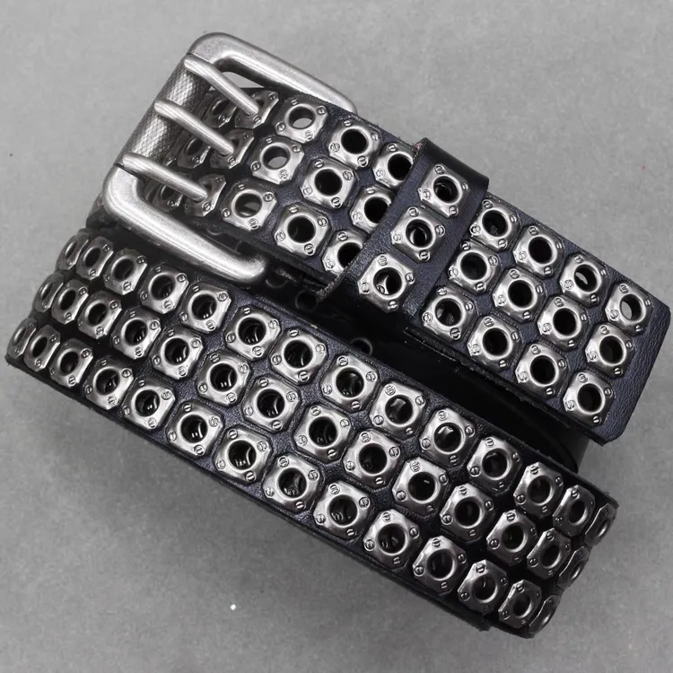 原创设计朋克汽眼镂空铆钉男免打孔腰带夜店女三针扣皮带跨境