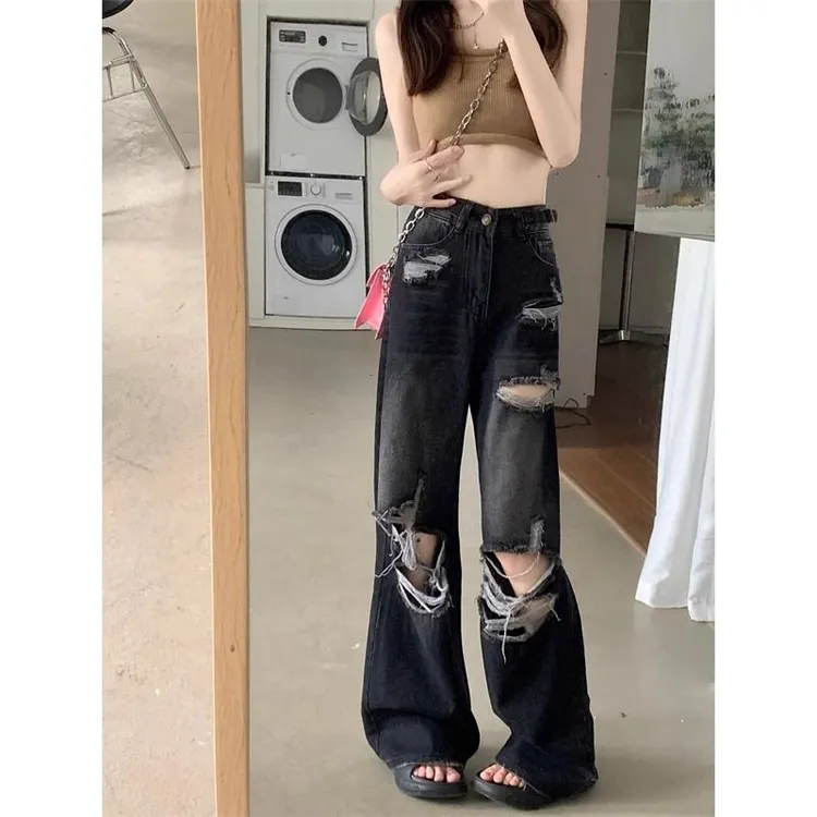 港风复古破洞牛仔裤长裤女春季宽松直筒阔腿小众水洗做旧拖地裤子