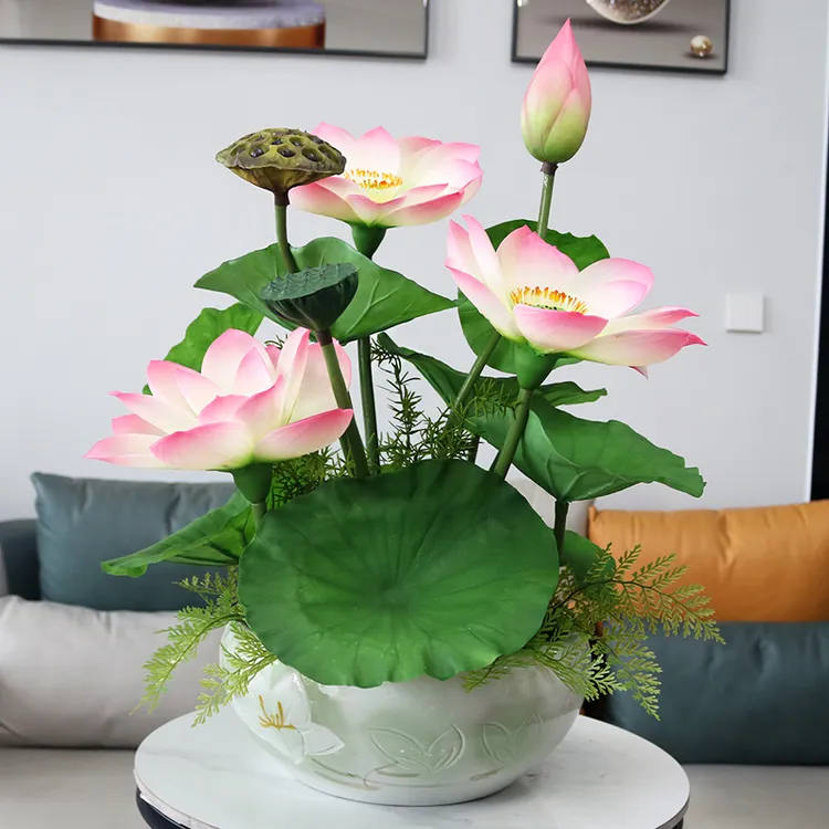 特大号高档手感pu荷花客厅装饰花电视柜玄关莲花寺庙佛前假花摆设