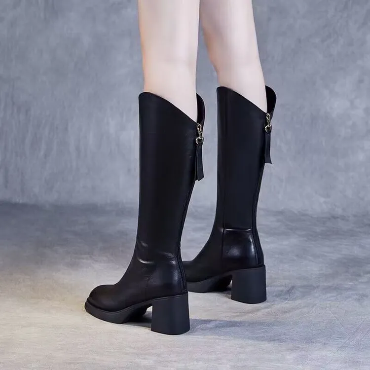 不过膝头层牛皮长筒靴女2025年秋冬新款时尚百搭厚底增高时装女靴