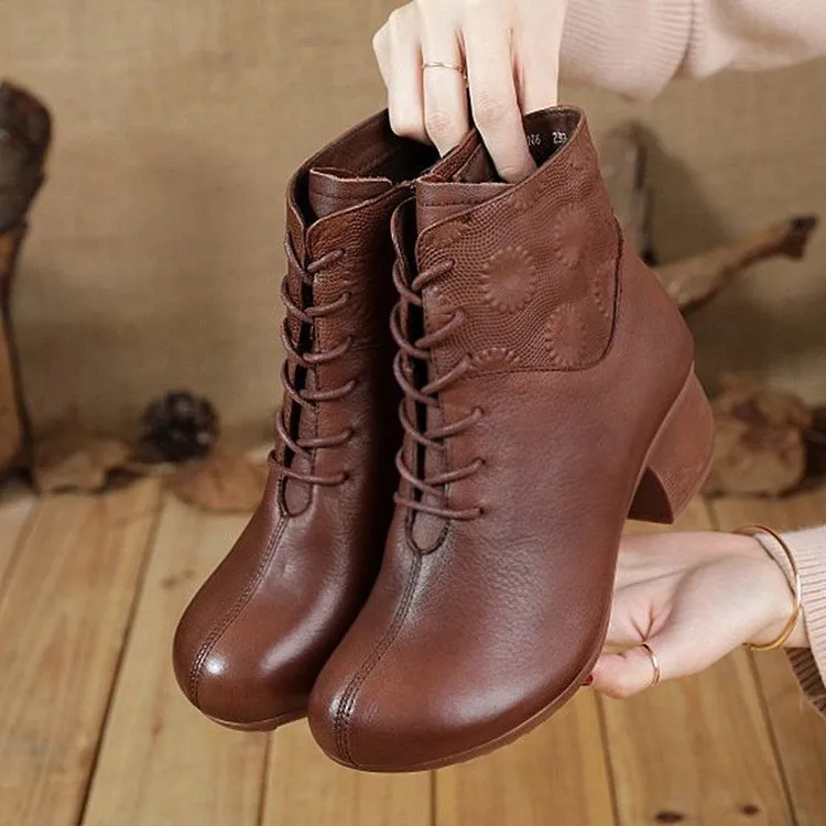 原创民族风女鞋真皮软底复古短靴粗跟马丁靴头层牛皮短筒手工女靴