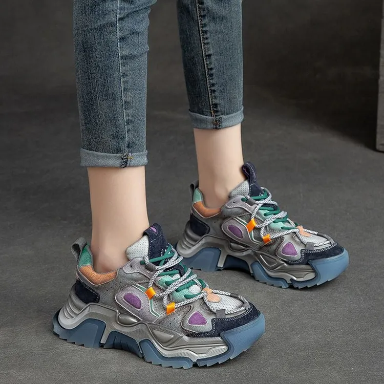 真皮老爹鞋复古单鞋拼色阿甘鞋厚底运动鞋舒服休闲鞋头层牛皮女鞋