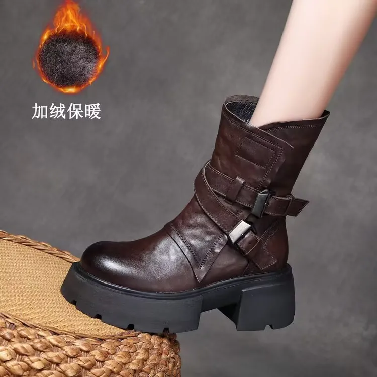 2025年冬季头层牛皮加绒中筒靴手抓纹搭扣厚底马丁靴女靴粗跟棉靴