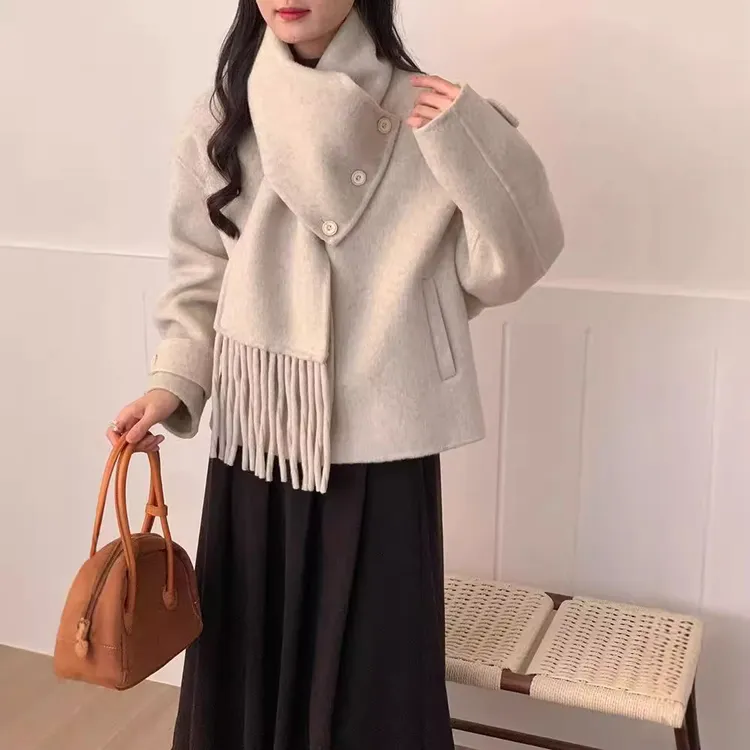 2024新款流苏围巾领可脱卸两穿双面羊毛大衣女小个子羊毛呢子外套