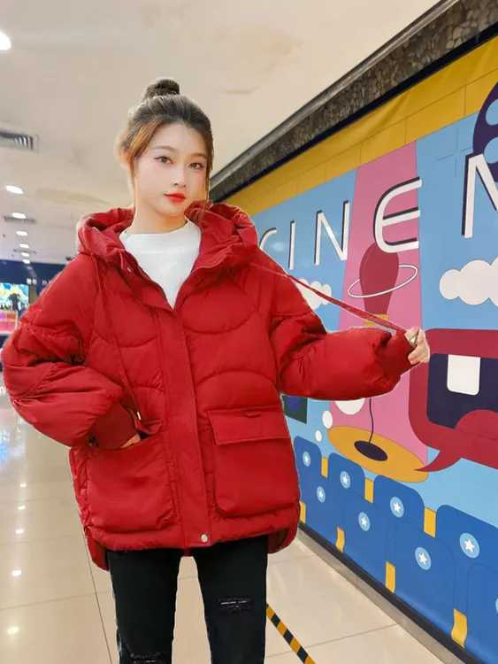 冬季新款棉服女短款韩版洋气百搭红色棉衣连帽潮流加厚小棉袄外套