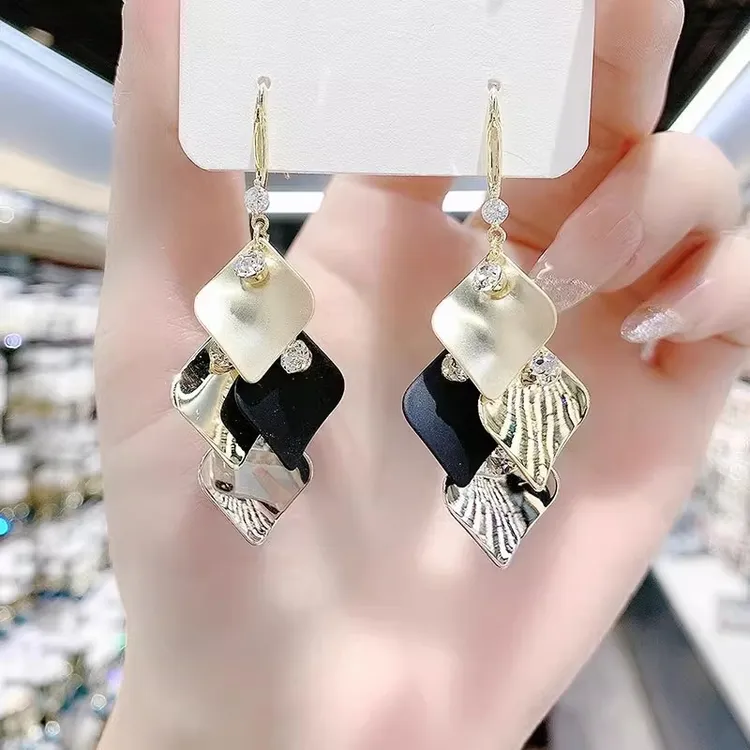 黄铜陶瓷耳饰 轻奢时尚百搭几何菱形金属耳环小众设计感耳坠气质