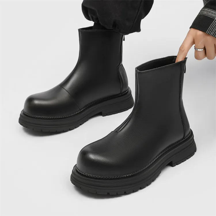 切尔西靴男黑色靴子英伦厚底增高烟筒靴马丁中帮软面冬季机车靴子