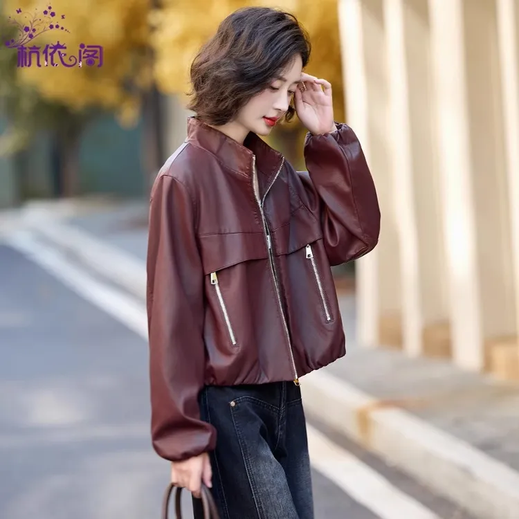 安可拉红皮衣外套女2025新款春秋高级感小个子短款宽松立领PU夹克