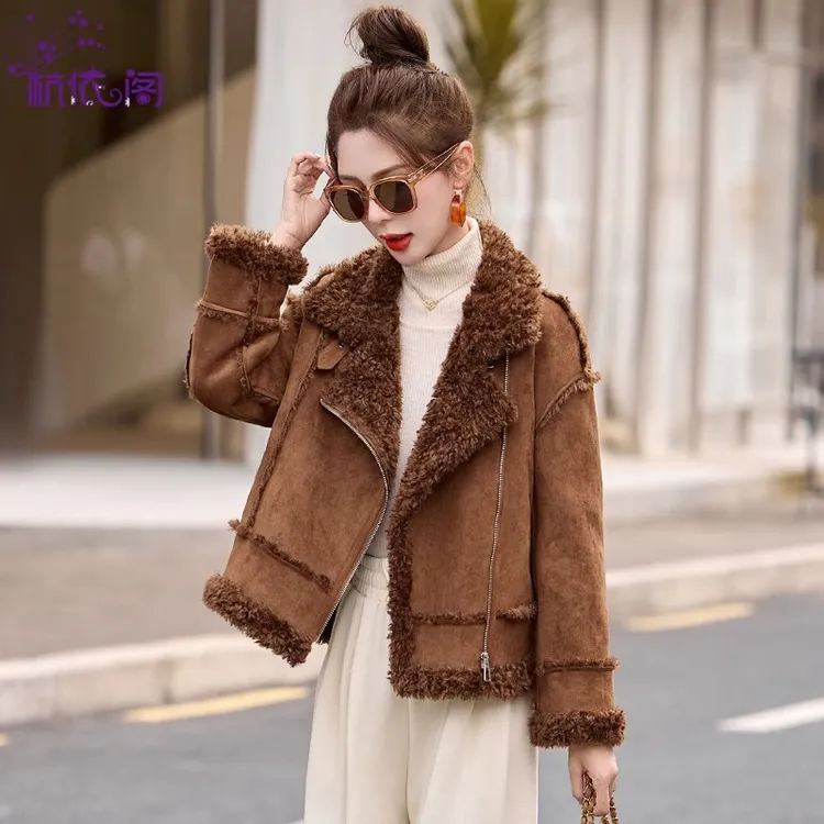 皮毛一体鹿皮绒毛毛外套女款短款2025新款秋冬加厚机车服夹克上衣