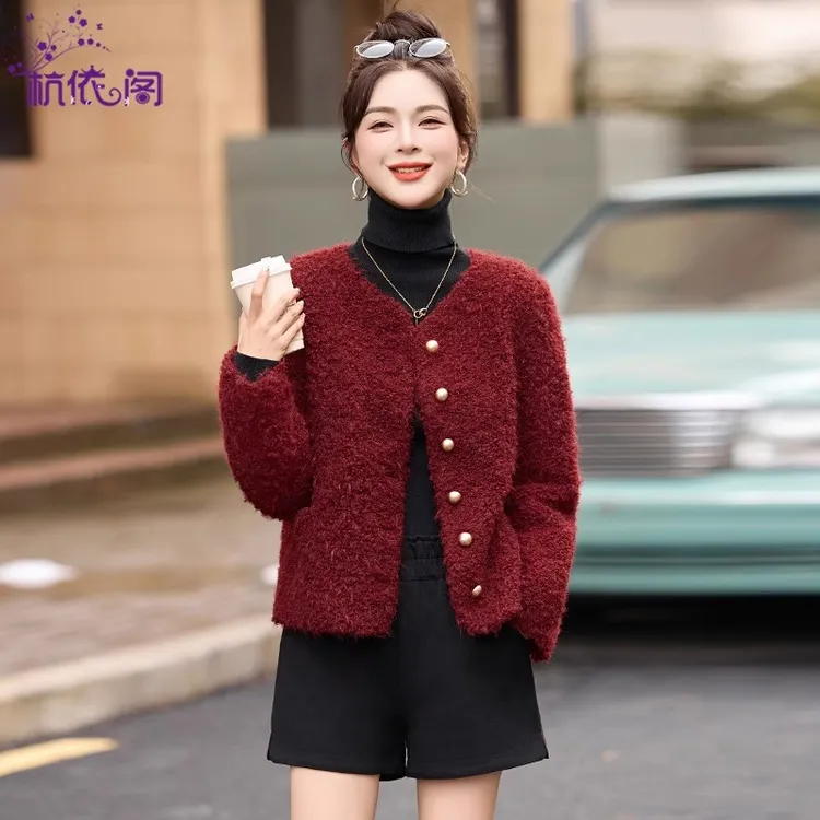 皮毛一体毛毛外套女装短款2025新款冬季加厚毛茸茸颗粒绒毛毛上衣