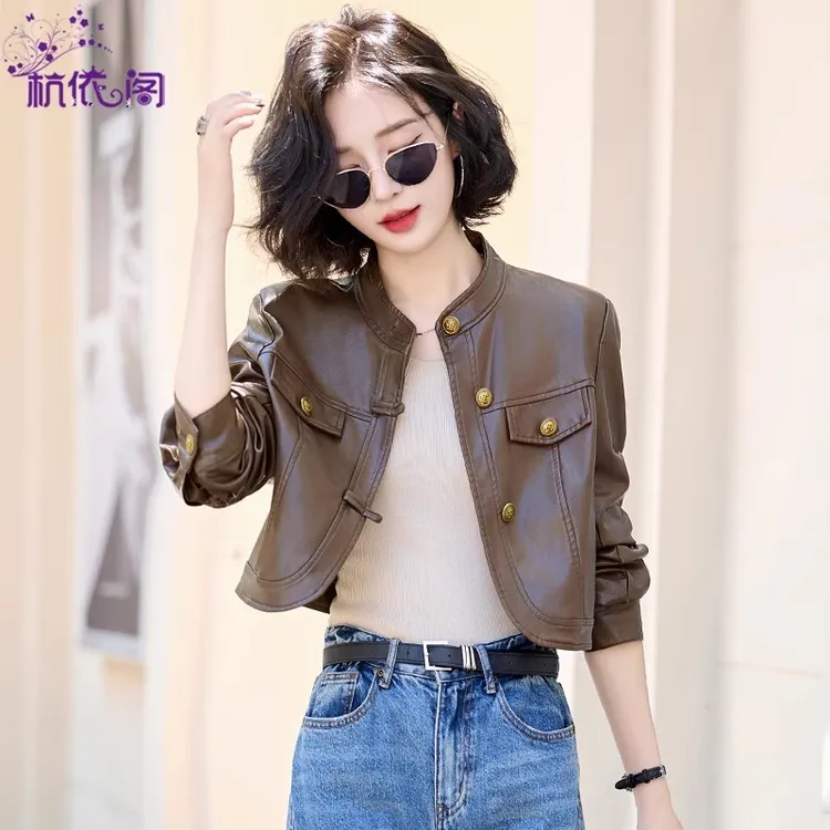 短款小皮衣外套女2025秋季新款高级感美拉德复古立领PU皮机车夹克