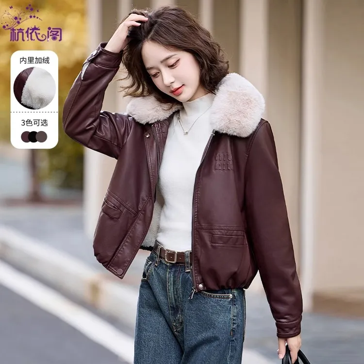 安可拉红加绒加厚小皮衣外套女短款2025冬季新款毛领PU皮棉服夹克