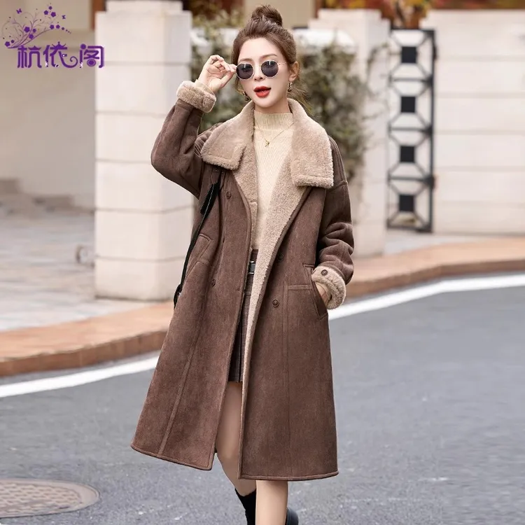 长款皮毛一体防鹿皮绒棉衣外套女冬2025新款洋气加厚加绒棉服大衣