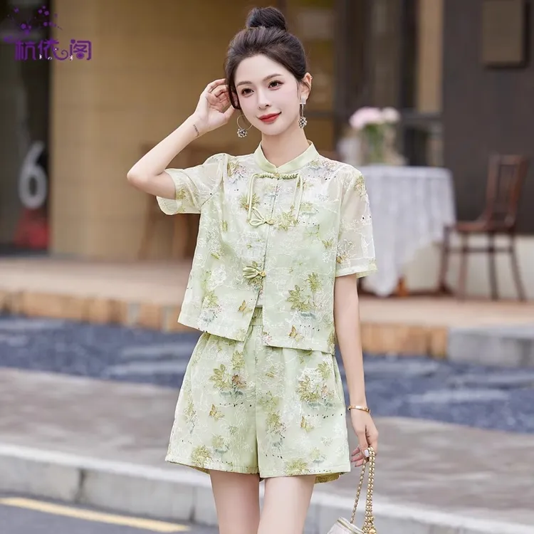 新中式国风刺绣盘扣短袖上衣短裤套装女夏两件套小个子穿搭一整套