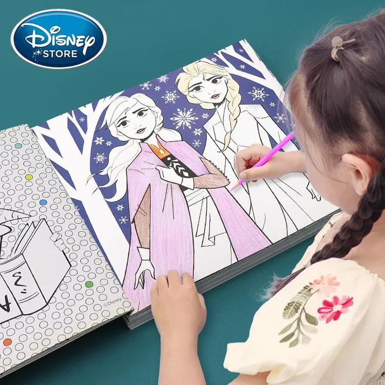 迪士尼画画儿童绘本女孩涂颜色填充画幼儿园涂鸦画画涂色本卡通女