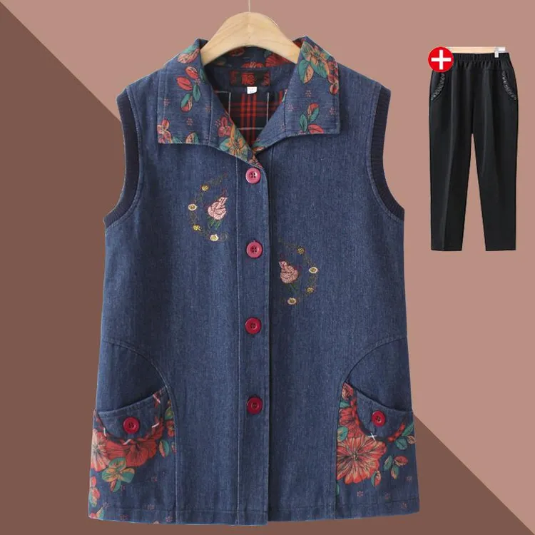 中老年妈妈秋冬牛仔坎肩马夹奶奶装背心外穿老人衣服老太