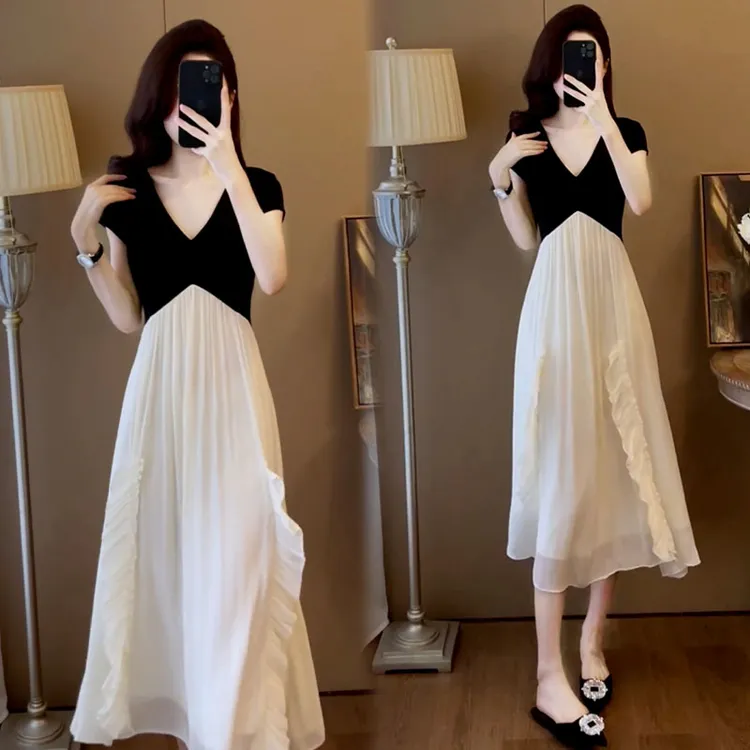 韩版时尚设计感撞色拼接裙子女夏季新款气质温柔显瘦减龄小白裙