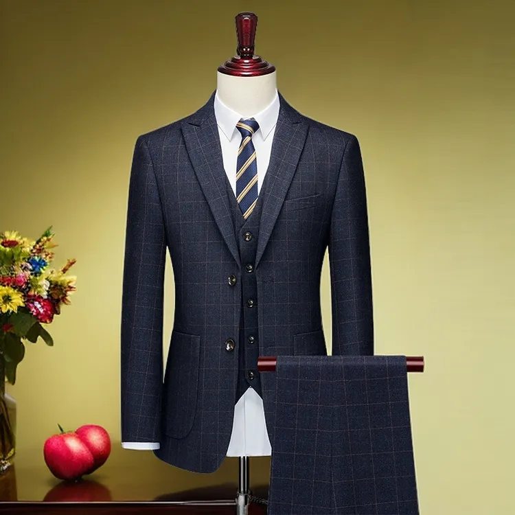 商务休闲韩版两粒扣单排后中开叉男士高端修身深蓝色格子西装套装