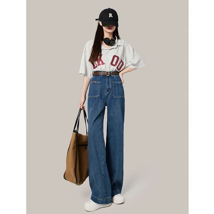 秋季阔腿高腰弹力复古牛仔裤女2022宽松显瘦有垂感直筒
