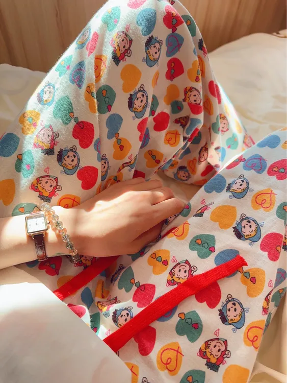 ins风全棉磨毛小清新原田治苹果樱桃宽松睡裤可爱甜美休闲居家裤