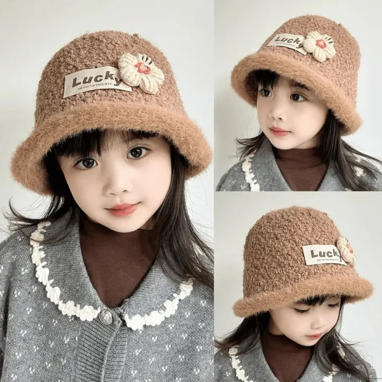 儿童帽子秋冬季韩版女童花朵渔夫帽女宝宝加厚保暖洋气百搭水桶帽