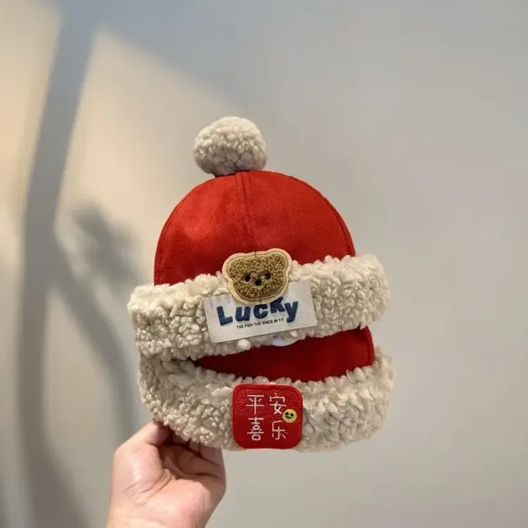 红色喜庆新年婴幼儿帽子秋冬季保暖加厚地主帽男女宝宝防风瓜皮帽