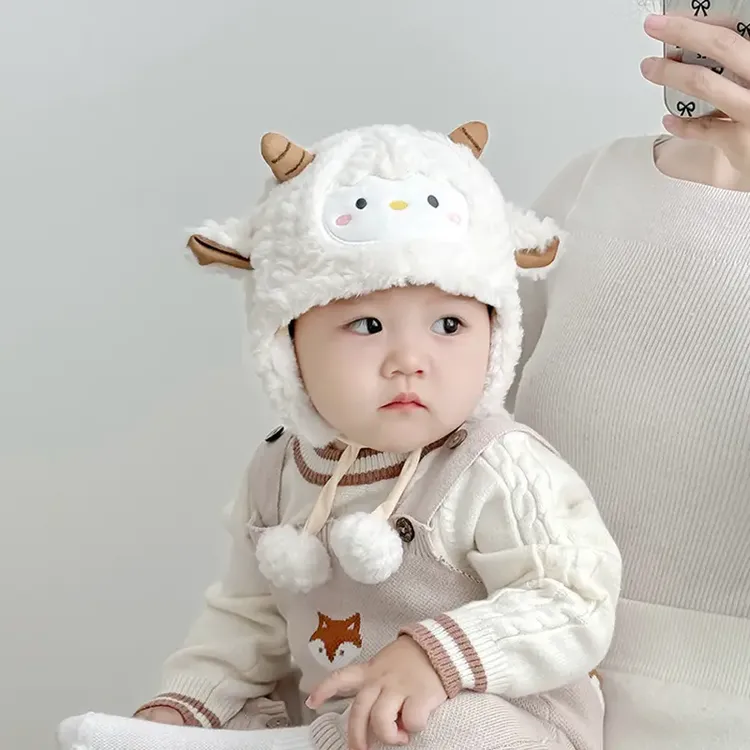 宝宝帽子可爱卡通保暖加厚毛绒系带帽男童女童秋冬款婴儿护耳帽潮