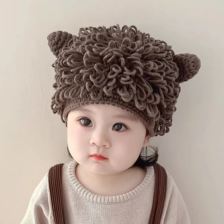 可爱宝宝假发帽秋冬季爆炸头婴儿帽子个性搞怪男女儿童针织毛线帽