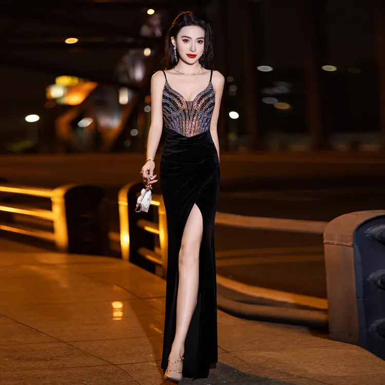 晚礼服女黑色性感高级感宴会轻奢气质丝绒吊带敬酒服主持人礼服裙