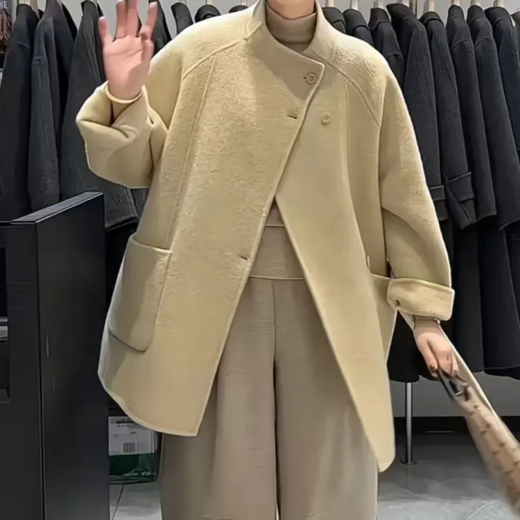 【小泡芙】新款韩版立领中长款羊毛女士大衣时尚气质休闲秋冬百搭