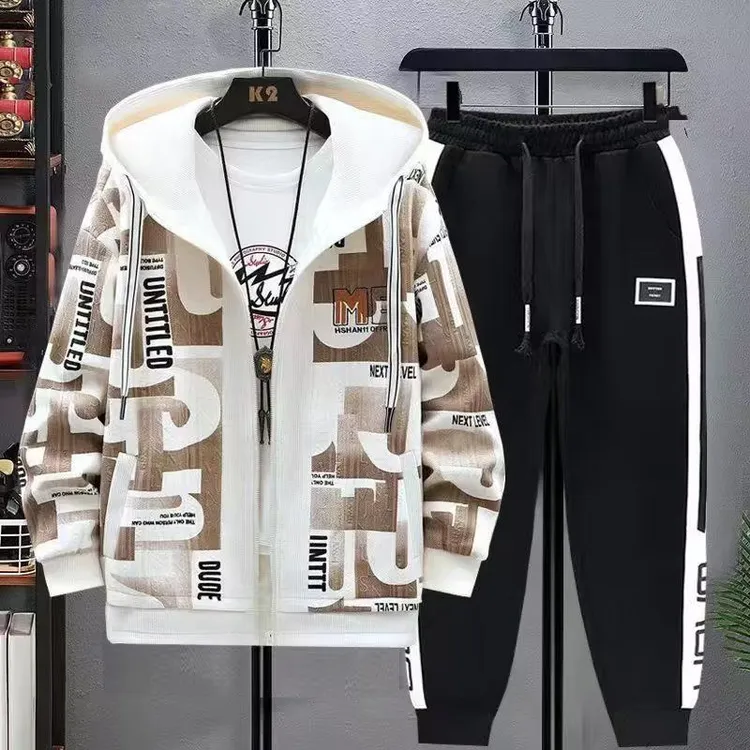 春秋连帽棒球服外套男新款百搭拼接束脚卫裤宽松大码运动休闲套装