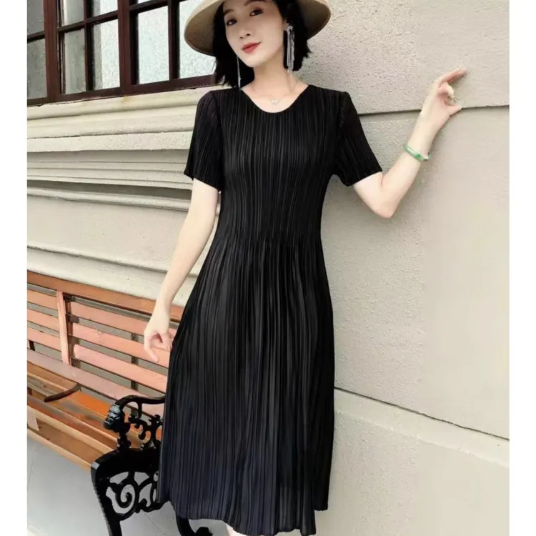 15款纯色褶皱连衣裙女中长款宽松显瘦遮肉夏季连衣裙三宅女王裙薄