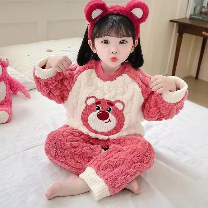 睡衣儿童女孩卡通小熊头睡衣珊瑚绒保暖女宝宝法兰绒冬家居服套装
