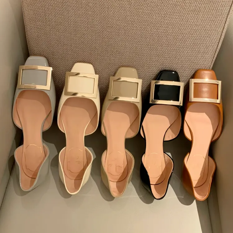 2024春秋网红时尚仙女风新款百搭单鞋圆头金属扣中空平跟女鞋