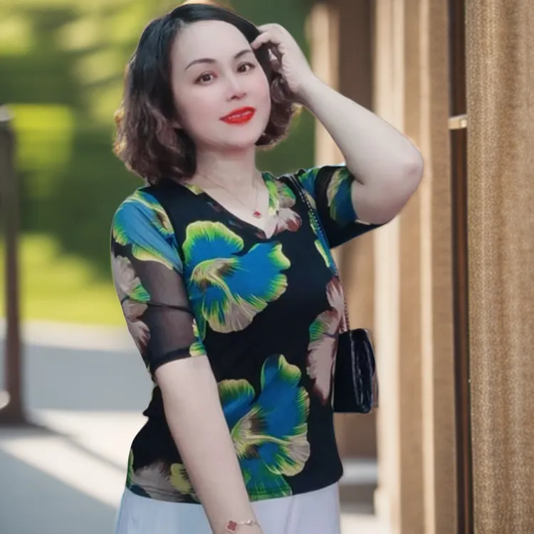 夏季时尚气质印花网纱中袖上衣大码女装百搭收腰显瘦T恤洋气小衫