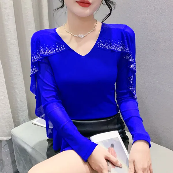 拉丁舞上衣时尚V领修身T恤高档网纱荷叶边烫钻长袖洋气打底衫女