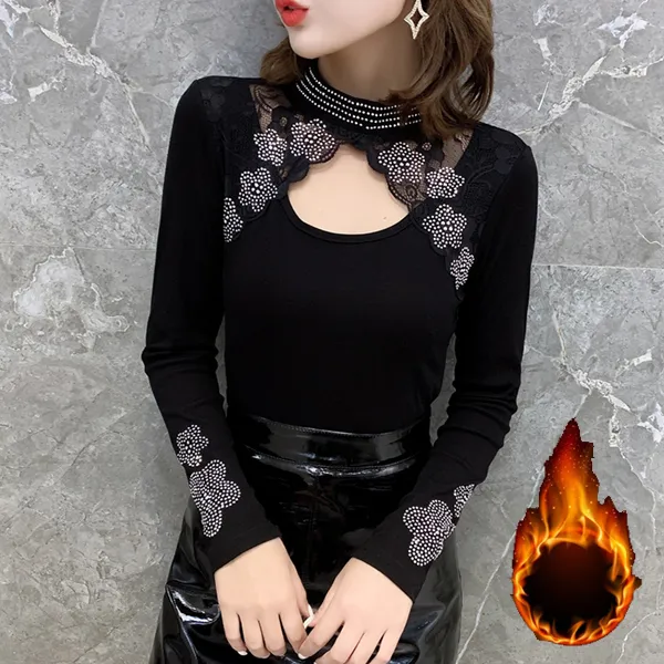 性感镂空半高领烫钻修身上衣秋冬季外穿长袖洋气打底衫女蕾丝