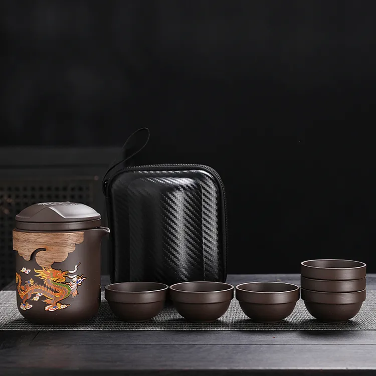 龙凤呈祥变色紫砂壶原矿朱泥带茶滤茶杯大容量泡茶壶旅行茶具