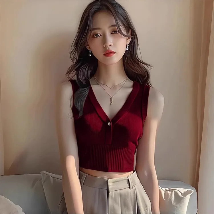 2025酒红色吊带针织无袖夏季女背心打底泰式独特别致上衣绝美v领