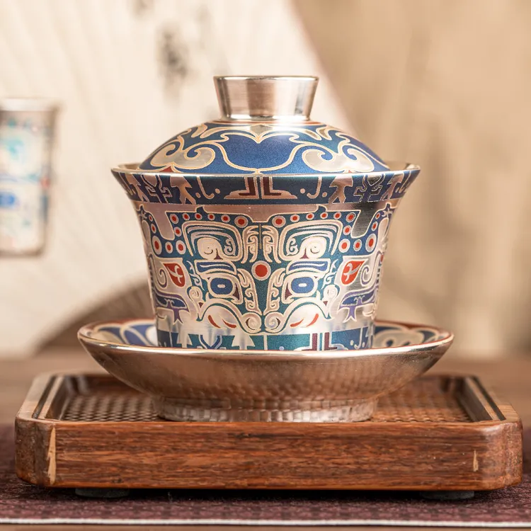 饕餮纹三才盖碗功夫泡茶器999鎏银轻奢高档茶具茶碗带盖盖碗茶具