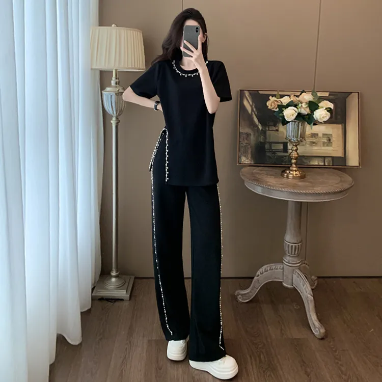 薏丝妮高级感时尚阔腿裤套装女夏新款洋气显瘦钉珠开叉上衣两件套