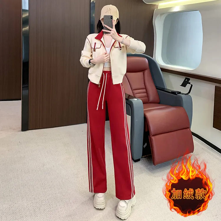 时尚冬装加绒新款休闲运动套装女撞色开衫外套红色阔腿裤两件套