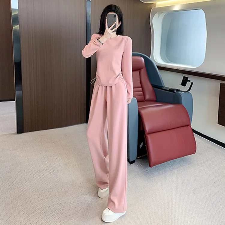 休闲运动套装女秋新款时尚减龄圆领收腰显瘦上衣阔腿裤两件套气质