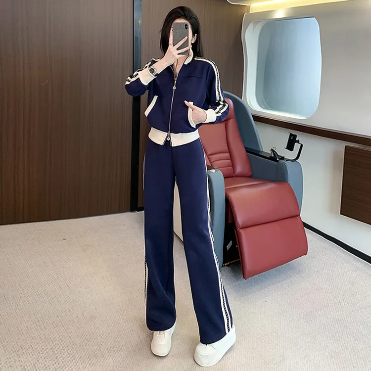 潮牌立领时尚运动套装女秋新款开衫拼接条纹短款外套阔腿裤两件套