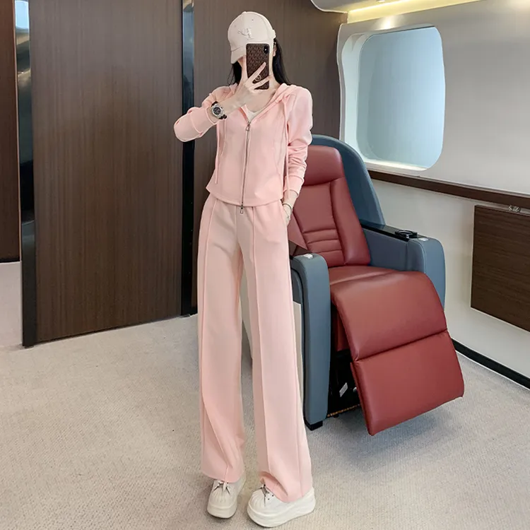 时尚休闲运动套装女秋新款时尚修身显瘦连帽开衫长袖阔腿裤两件套